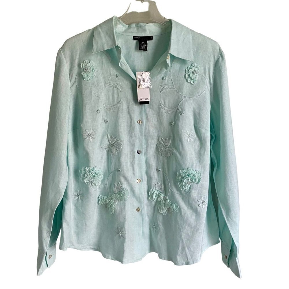 Grace Elements Linen Top Embroidered Flowers Light Green Women’s 1X NEW NWT